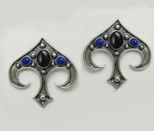 Sterling Silver Gothic Inspired Drop Dangle Earrings With Black Onyx And Lapis Lazuli